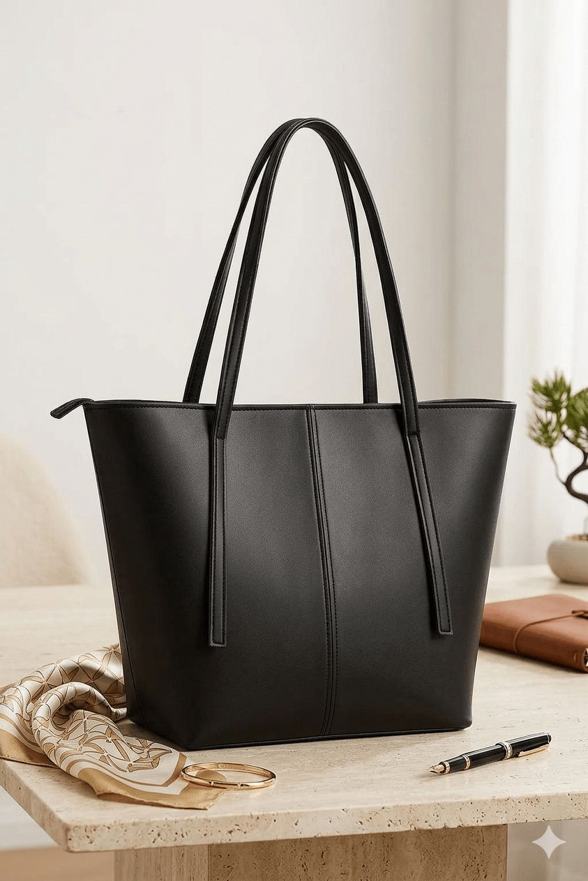 Premium Black Leather Shoulder Bag – Elegant Office & Casual Tote (11x17x11) - MK Fashionclub